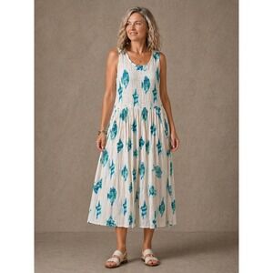 Kaktus Women Small Ivory Teal Fish Print Smocked Midi Dress Sleeveless Coastal